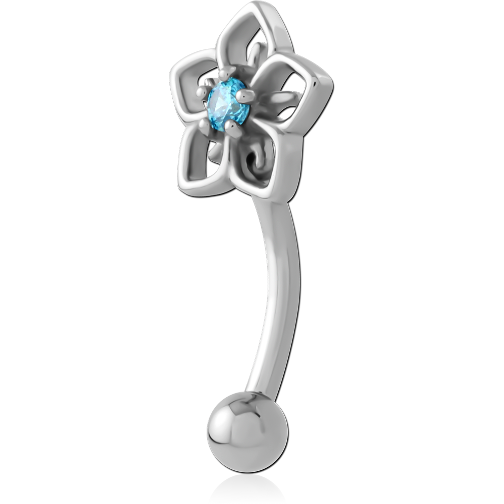 316L SURGICAL STEEL CURVED MICRO BARBELL OPEN PETAL FLOWER TOP BLUE GEM