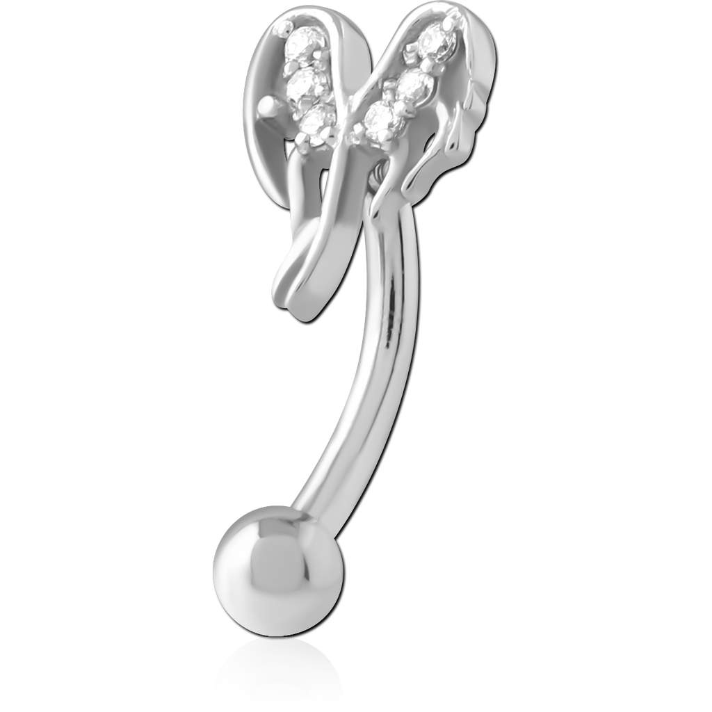 316L SURGICAL STEEL CURVED MICRO BARBELL ANGEL WINGS TOP CLEAR GEMS