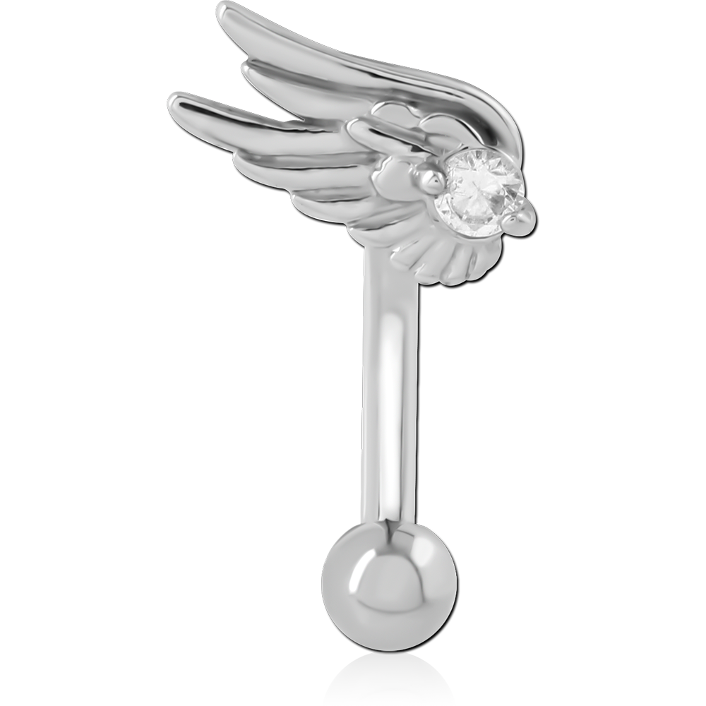 316L SURGICAL STEEL CURVED MICRO BARBELL ANGEL WING TOP CLEAR GEM