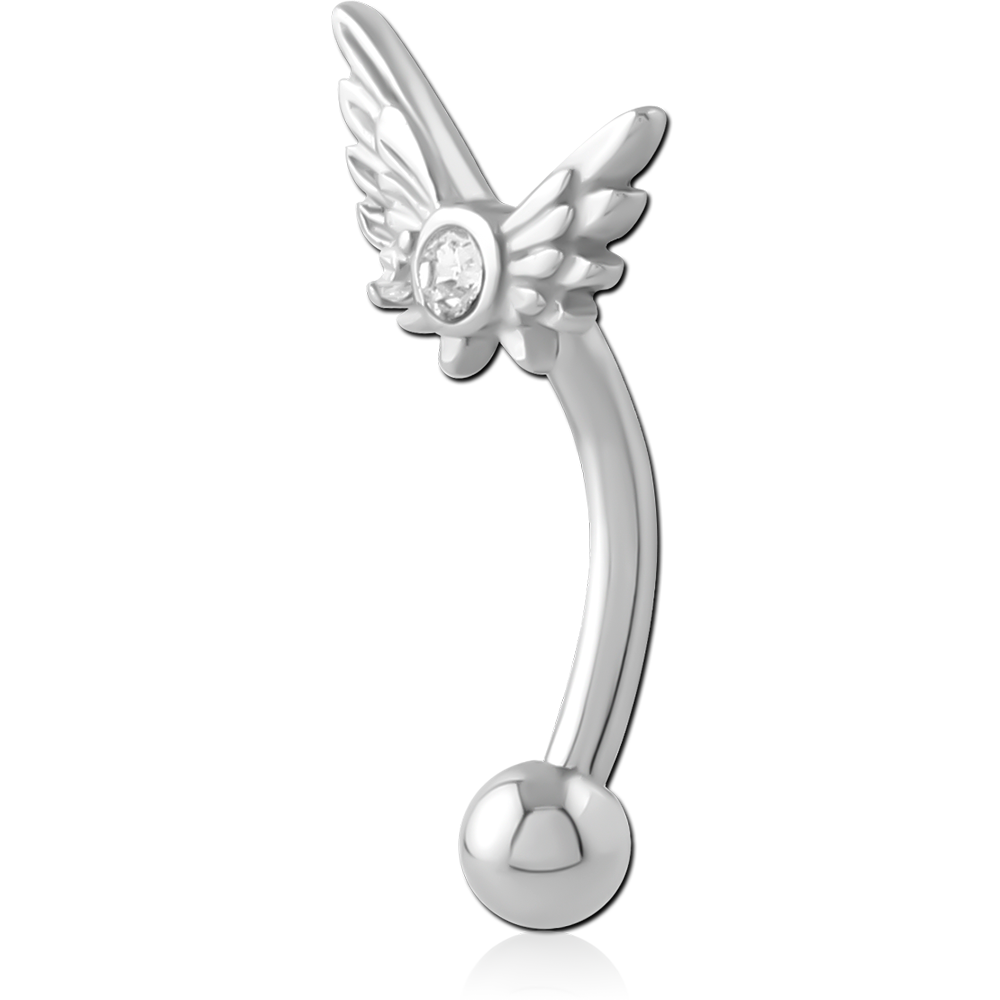 316L SURGICAL STEEL CURVED MICRO BARBELL ANGEL WINGS CLEAR GEM