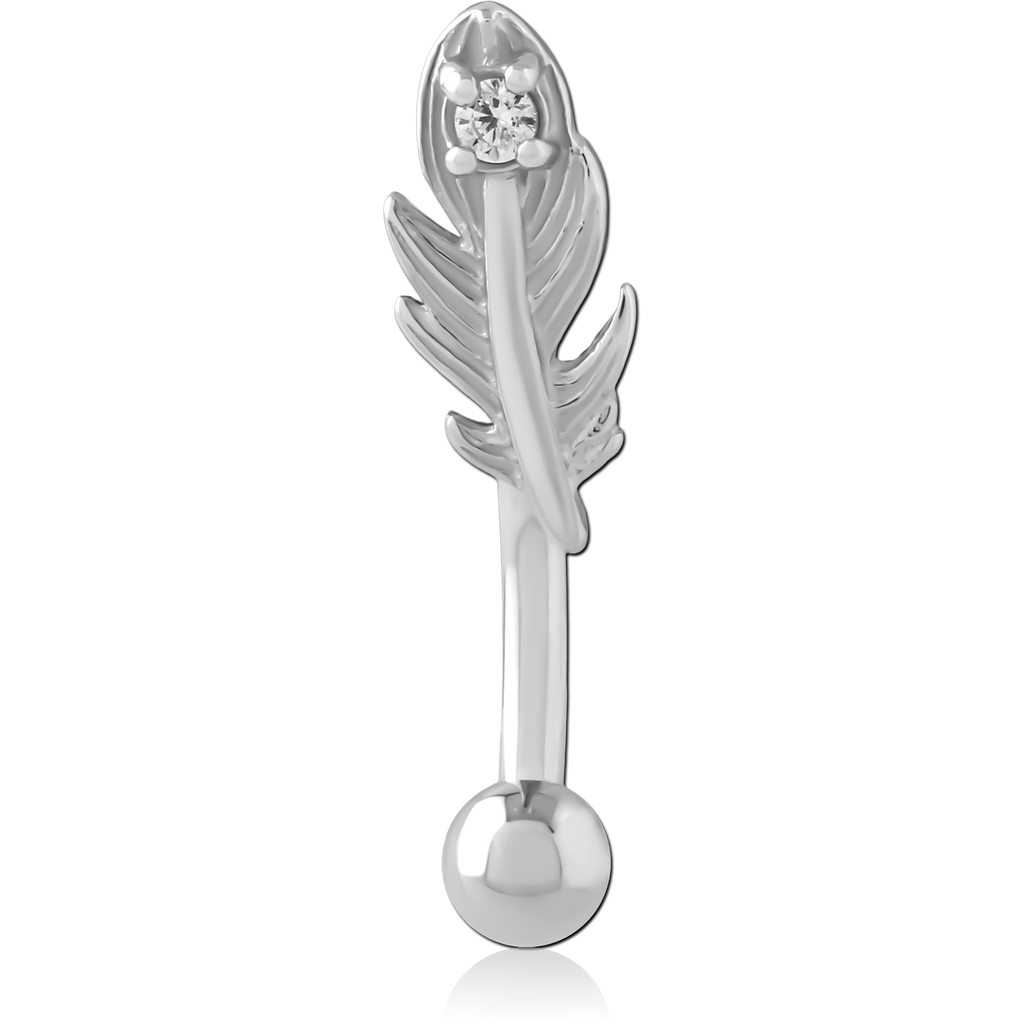 316L SURGICAL STEEL CURVED MICRO BARBELL FEATHER DETAIL CLEAR GEM