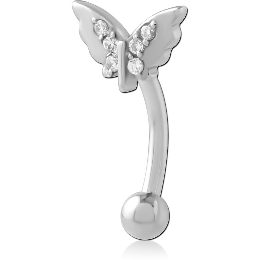 316L SURGICAL STEEL CURVED MICRO BARBELL BUTTERFLY WINGS CLEAR GEMS