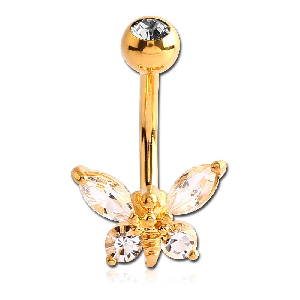 14G GOLD PVD COATED SURGICAL STEEL JEWELED BELLY RING - BUTTERFLY
