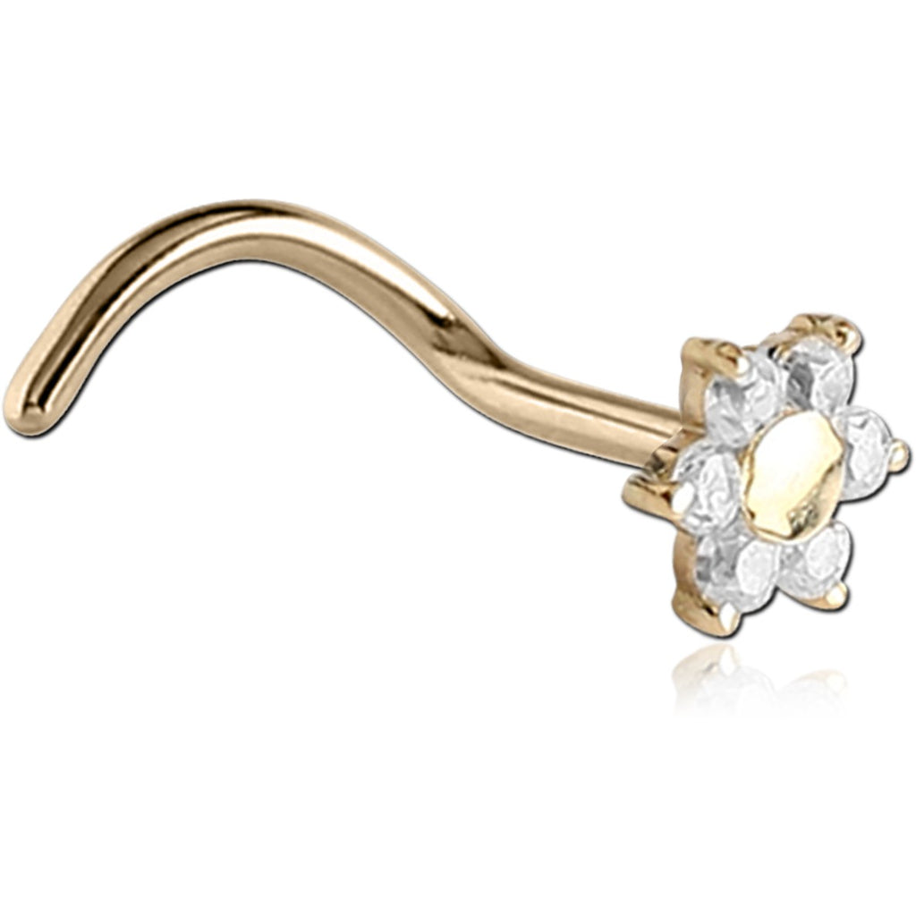18K SOLID GOLD 20G CURVED NOSE SCREW - JEWELED FLOWER