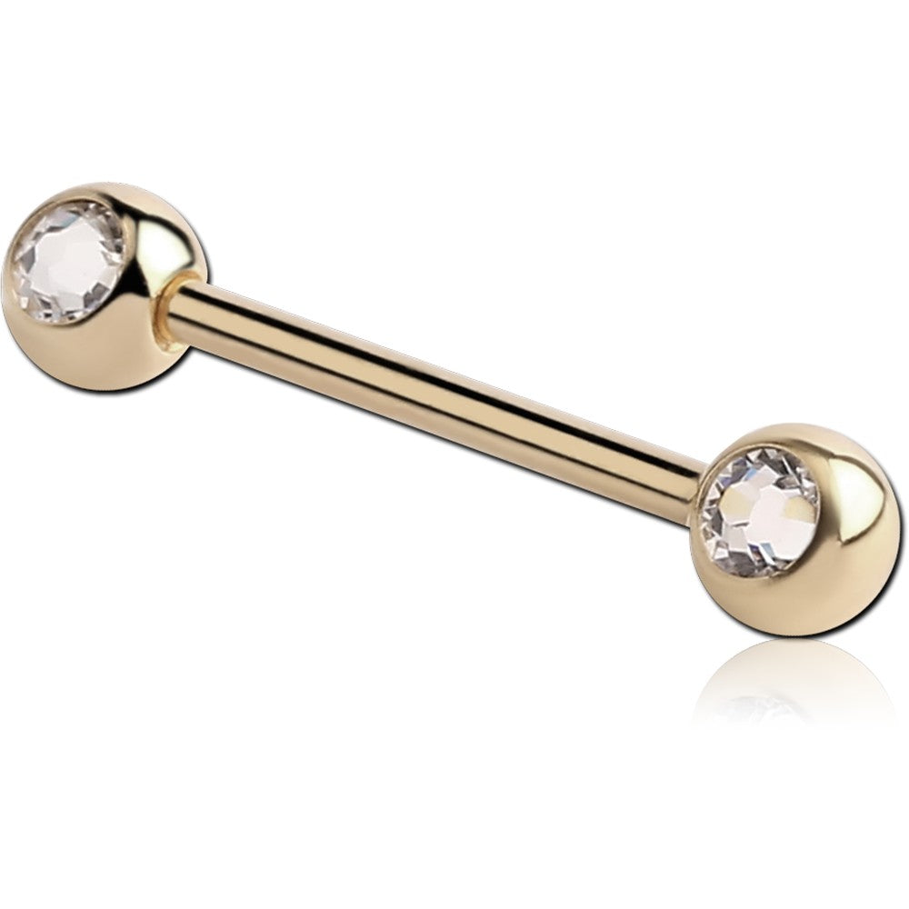 14G ZIRCON GOLD PVD COATED SURGICAL STEEL JEWELED NIPPLE BARBELL