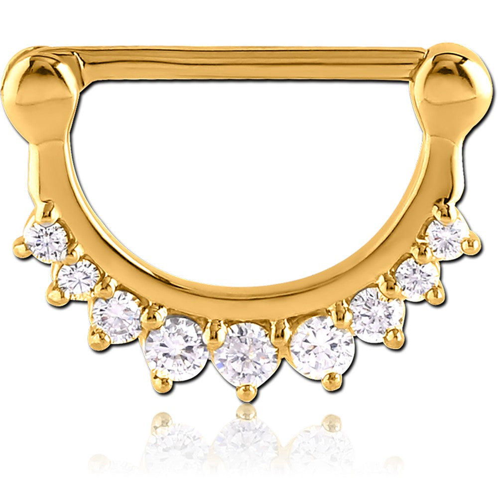 14G GOLD PVD COATED SURGICAL STEEL NIPPLE CLICKER - CROWN JEWEL