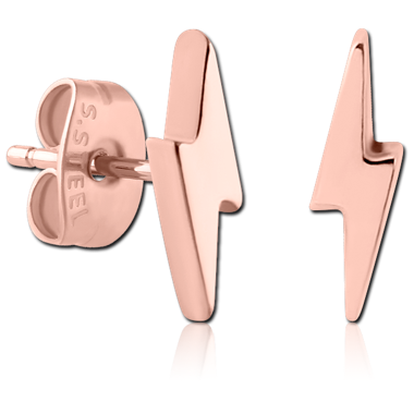 ROSE GOLD PVD COATED SURGICAL STEEL EAR STUDS - LIGHTNING BOLT