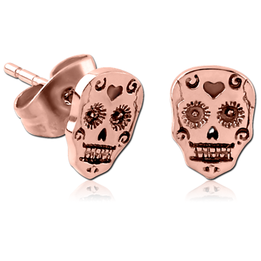 ROSE GOLD PVD COATED SURGICAL STEEL EAR STUDS - SUGAR SKULL