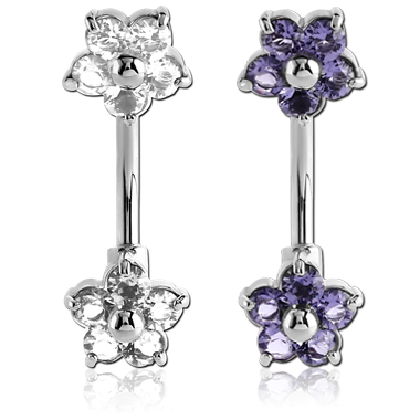 14G SURGICAL STEEL JEWELED BELLY RING - FLOWERS