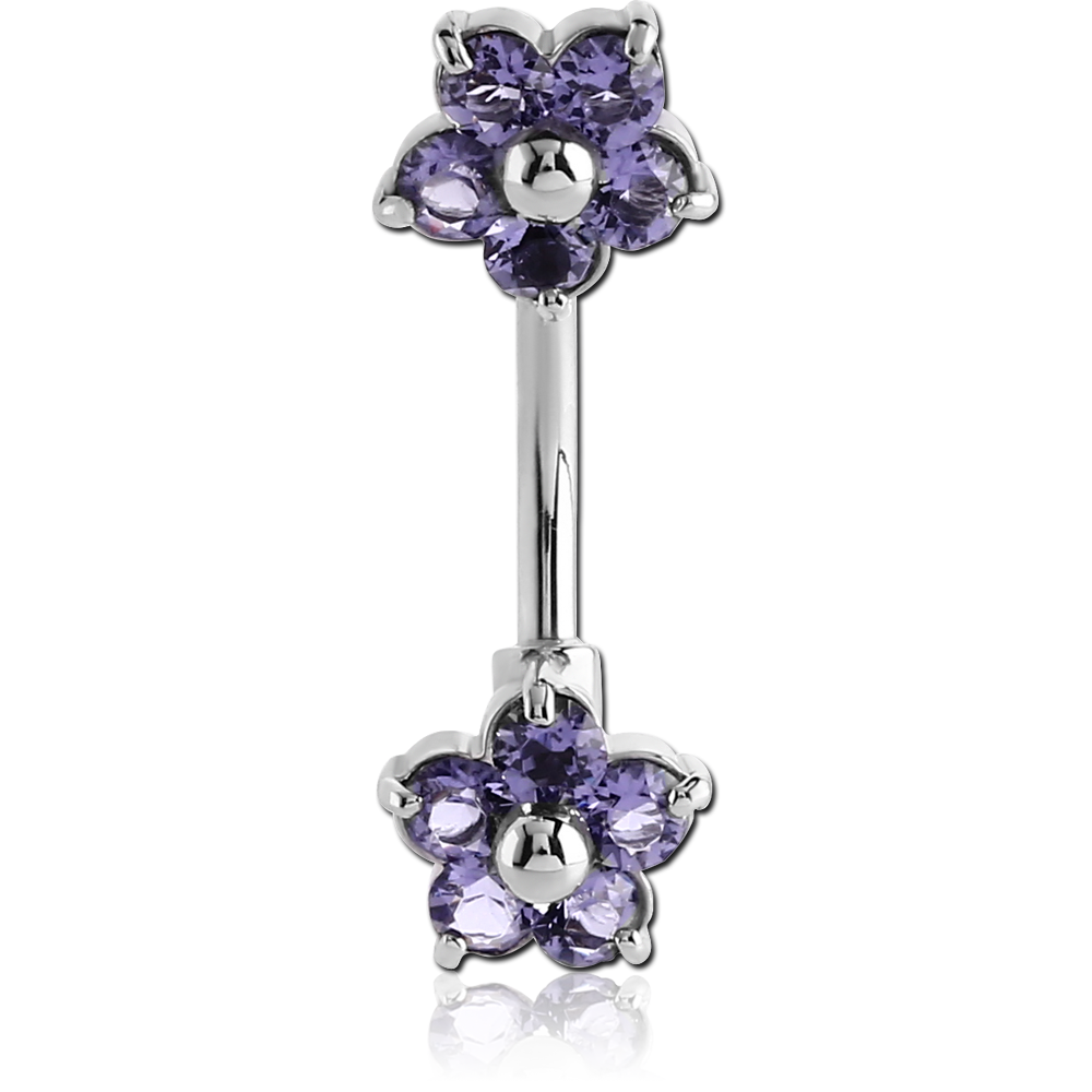14G SURGICAL STEEL JEWELED BELLY RING - FLOWERS