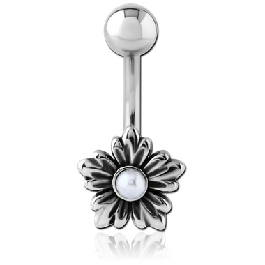 14G SURGICAL STEEL BELLY RING - FLOWER & PEARL