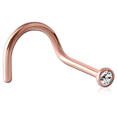 18G ROSE GOLD PVD COATED SURGICAL STEEL JEWELED NOSE SCREW - LEFT CURVE