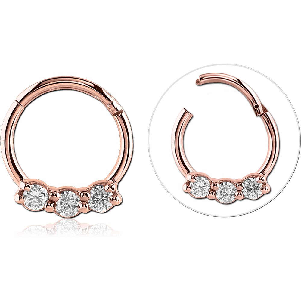 16G ROSE GOLD PVD COATED SURGICAL STEEL HINGED SEGMENT RING - TRIPLE JEWEL