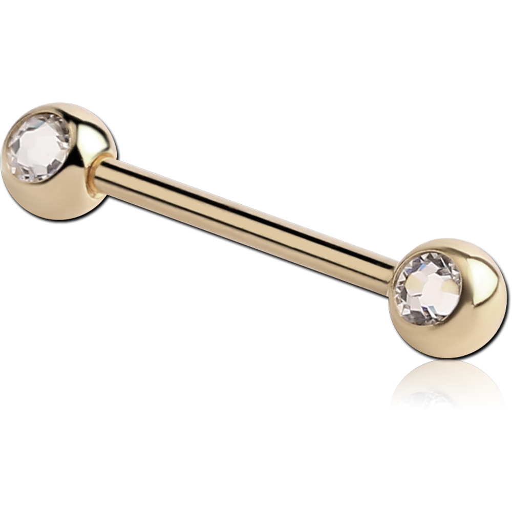 14G ZIRCON GOLD PVD COATED SURGICAL STEEL JEWELED NIPPLE BARBELL