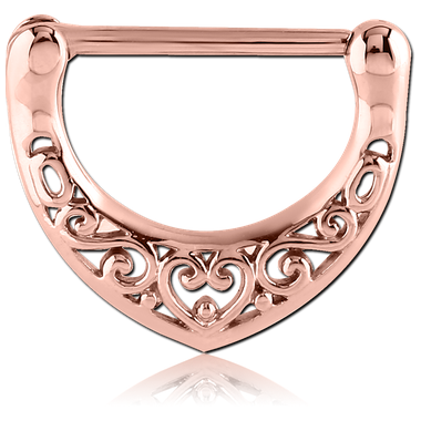 14G ROSE GOLD PVD COATED SURGICAL STEEL NIPPLE CLICKER - HEART FILIGREE