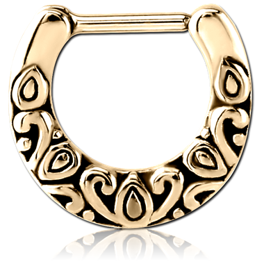 ZIRCON GOLD PVD COATED SURGICAL STEEL CLICKER RING - FILIGREE